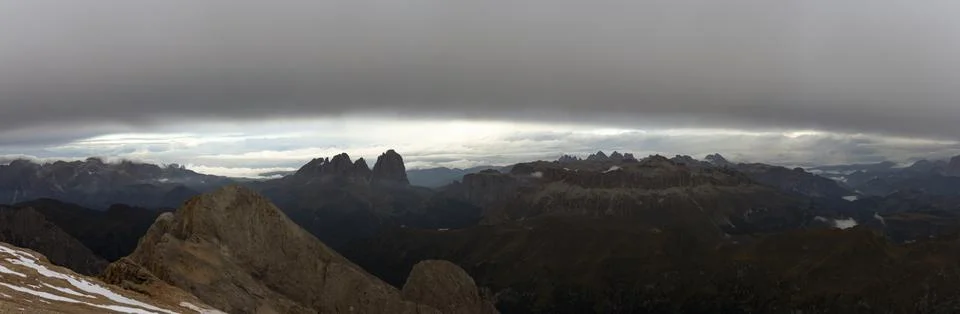 Dramatic panoramic view from Punta Penia summit Marmolada across Sella Grou.. 스톡 사진