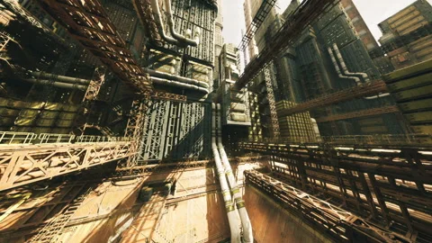 Dramatic perspective highlights scale and design complexity within factory Stock-Footage 340658435