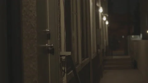 Dramatic Perspective shot of Long dark corridor passage of a old hotel in Stock Footage 221392261