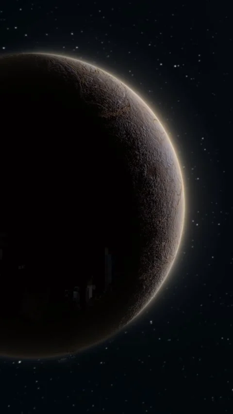 Dramatic planet with rocky surface and glowing rim light in starry outer sp.. Video stock 328354859