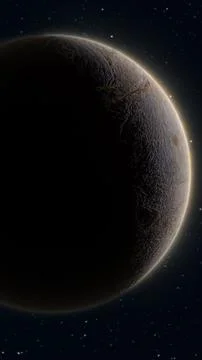Dramatic planet with rocky surface and glowing rim light in starry outer sp.. Stock Illustration