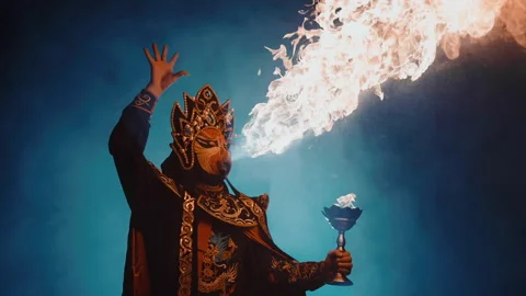 Dramatic Plume of Fire from Masked Artist Stock Footage 327500734