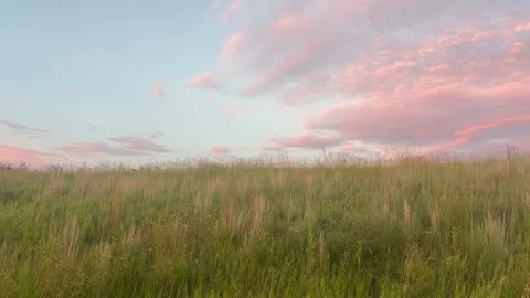 Dramatic Prairie Sunset Slow Pan Across Tall Grass Stock-Footage 339311328