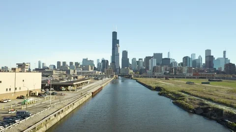 Dramatic Pullback as Drone Passes through Bridge in Chicago [4K] Stock Footage 110398490