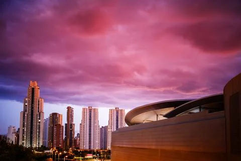 Dramatic Purple Sky Over Benidorm Architecture Stock Photos