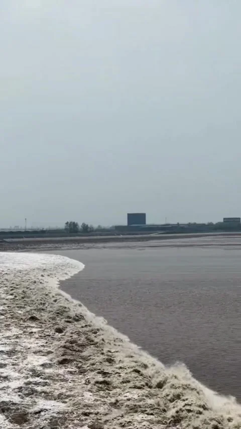 Dramatic Qiantang River Tidal Bore Captured From Above in Hangzhou Stock Footage 337385190