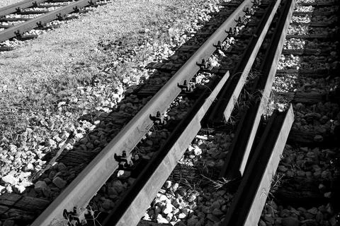 Dramatic railroad scene with broken tracks Stock Photos