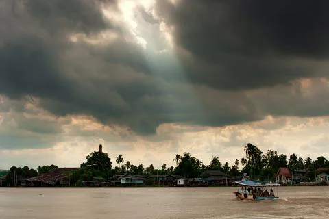 Dramatic rainstorm over ferryboat. Stock Photos