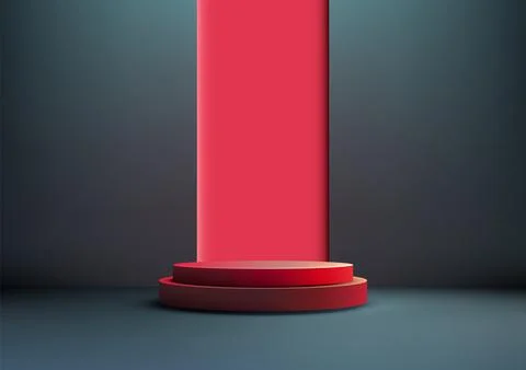Dramatic Red 3D Podium on Dark Stage, Modern Style Product Display and Mock.. Illustrazione stock
