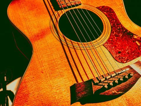 Dramatic Red and Black Toned Acoustic Guitar Close-Up, Moody Musical Instru.. Stock-Fotos