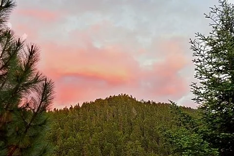 Dramatic Red and Orange Clouds Above Fir Forest Peak 스톡 사진
