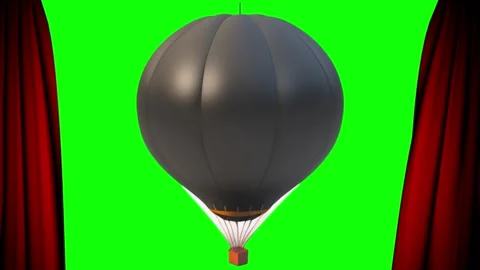 Dramatic red curtains open revealing a hot air balloon on green screen with Stockbeeldmateriaal 348190605
