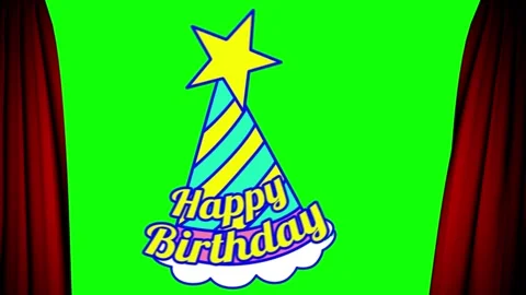 Dramatic red curtains reveal festive birthday hat on green screen background Vidéo 348191146