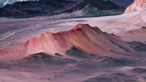 Dramatic Red Desert Sand Dunes and Mountains Landscape Aerial Stock-Footage 319519632