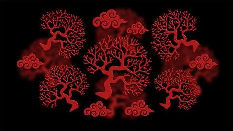 Dramatic Red Paper Cut Tree Festival Artwork Stock Illustration