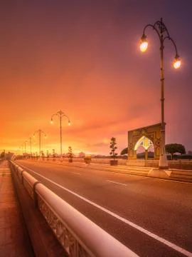 Dramatic red sunset over the road at Putrajaya Stock Photos