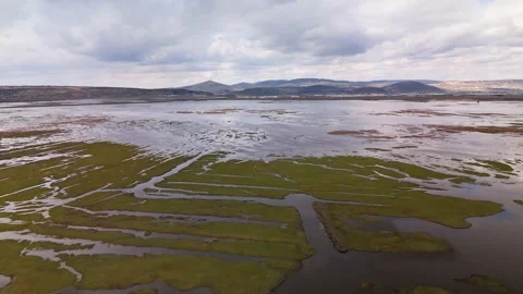 Dramatic reflection of white clouds on a calm wetland surface with distant mount Vidéo 332727123