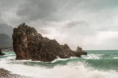 Dramatic Rock Formation Rafailovici Adriatic Sea Stock Photos