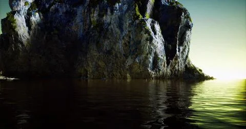Dramatic rock formation rises above reflective water at sunset near coast Stock Illustration