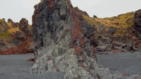 Dramatic Rock Formations at Djúpalónssandur Black Sand Beach, Iceland Stock Footage 320228701