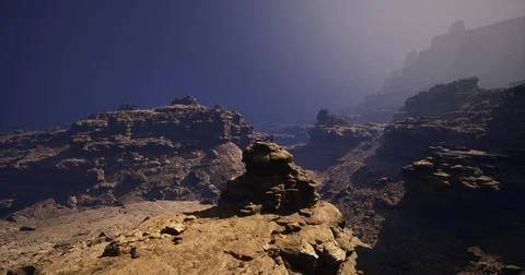 Dramatic rock formations under a clear sky at a remote mountain location Stock-Illustration
