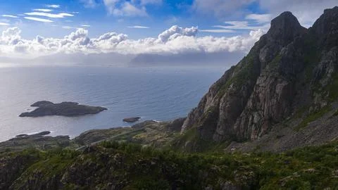 Dramatic Rocky Cliffs and Sea Islands in Lofoten Norway Stock Photos