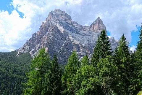 Dramatic Rocky Mountain Peak of Monte Pelmo Rising Above Coniferous Forest in Stock Photos