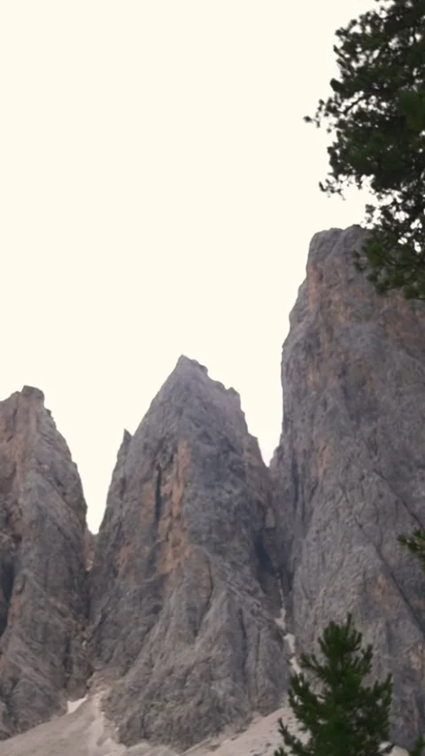 Dramatic rocky mountain peaks of the Dolomites rising behind trees under a pale Stock Footage 319667891