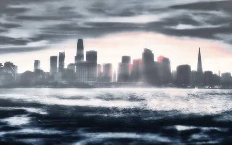 Dramatic San Francisco Skyline Over Water With Moody Clouds At Dusk Stock Photos