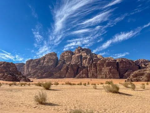 Dramatic sandstone mountains in Wadi Rum desert, Jordan Stock Photos