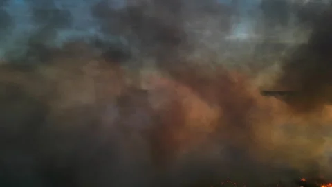 Dramatic scene of large plume of smoke rising from a fire Stock Footage 346133646