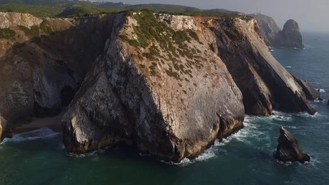 Dramatic scene overcast day beach shore in Portugal establising shot Stockbeeldmateriaal 93967168