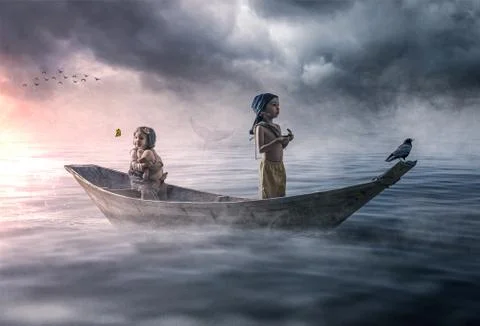 Dramatic scene of two lost children drifting in the ocean Stock Photos