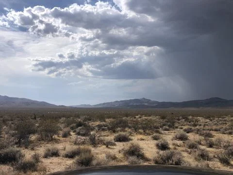 A Dramatic Scene Unfolds as Dark Clouds Roll Over a Sunlit Desert Foto stock