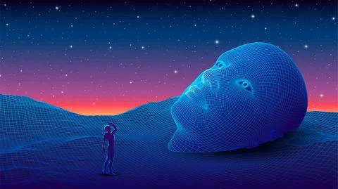 Dramatic sci-fi or esoteric scene with a human looking up near the giant statue Stock Illustration