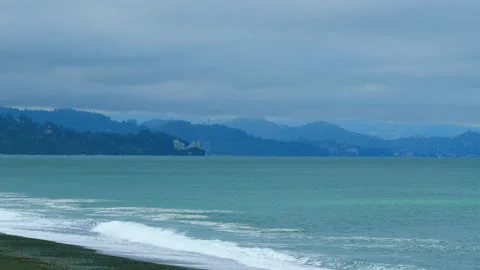 Dramatic Sea. Hilly Coastline. View On Kobuleti City From A Beach. Overcast Day 스톡 동영상 258711656