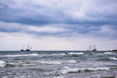 Dramatic sea with two ships Stock Photos