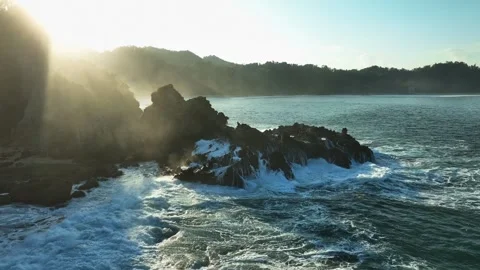 Dramatic Seascape with Powerful Ocean Waves at Sunset Aerial Drone View Stock Footage 338313593