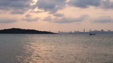 Dramatic seascape sunset view with silhouette fishing boat from koh larn Stock Footage 92521966