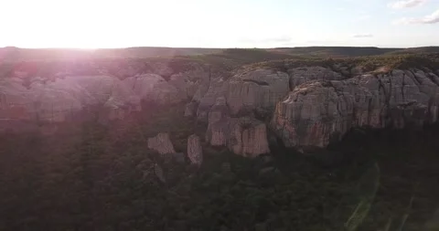 Dramatic Serra da Capivara Sandstone Cliffs and Valley Drone Push-In Sunset Stock Footage 321906239