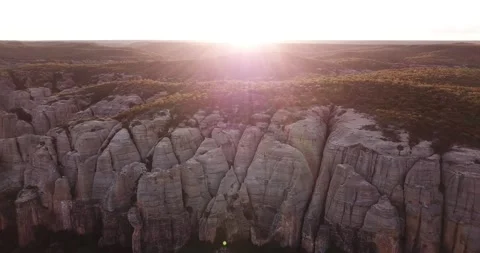 Dramatic Serra da Capivara Sandstone Cliffs and Valley Drone Push-In Sunset Stock Footage 321906277