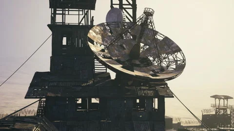 Dramatic shadowed satellite dish and tower against illuminating haze background Stock Footage 335102574
