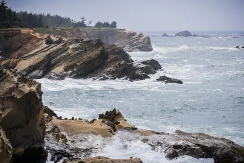 Dramatic shoreline with strange rock formations at Shores Acres State Park, C Stock Photos