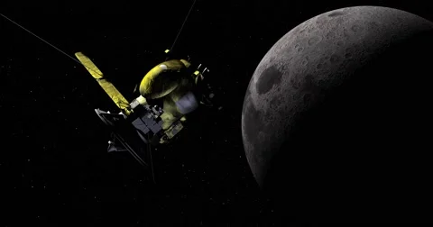 Dramatic shot of the Cassini spacecraft making a close pass of Earth's moon. Stock Footage 61529894