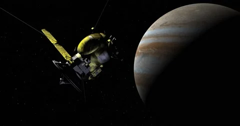 Dramatic shot of the Cassini spacecraft making a close pass of Jupiter. Stock-Footage 61530788