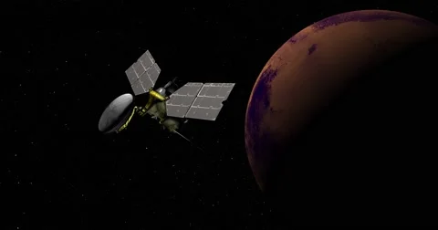 Dramatic shot of Mars Reconnaissance Orbiter (MRO) in orbit around Mars. Stock Footage 61528188