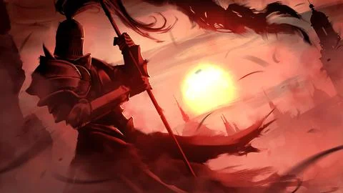 A dramatic silhouette of a knight in plate armor against bright scarlet sunse 库存插图
