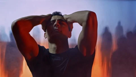Dramatic Silhouette Man Expressing Deep Emotion Against Sunset Glow Mental 스톡 동영상 288892847