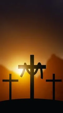 A dramatic silhouette of three crosses on a hill against a glowing sunset. .. Stock Photos