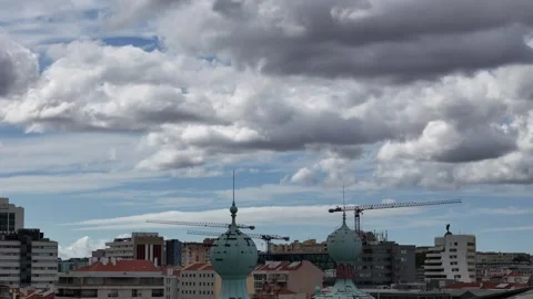 Dramatic skies as airplane lands in Lisbon, Portugal Stock Footage 316676483